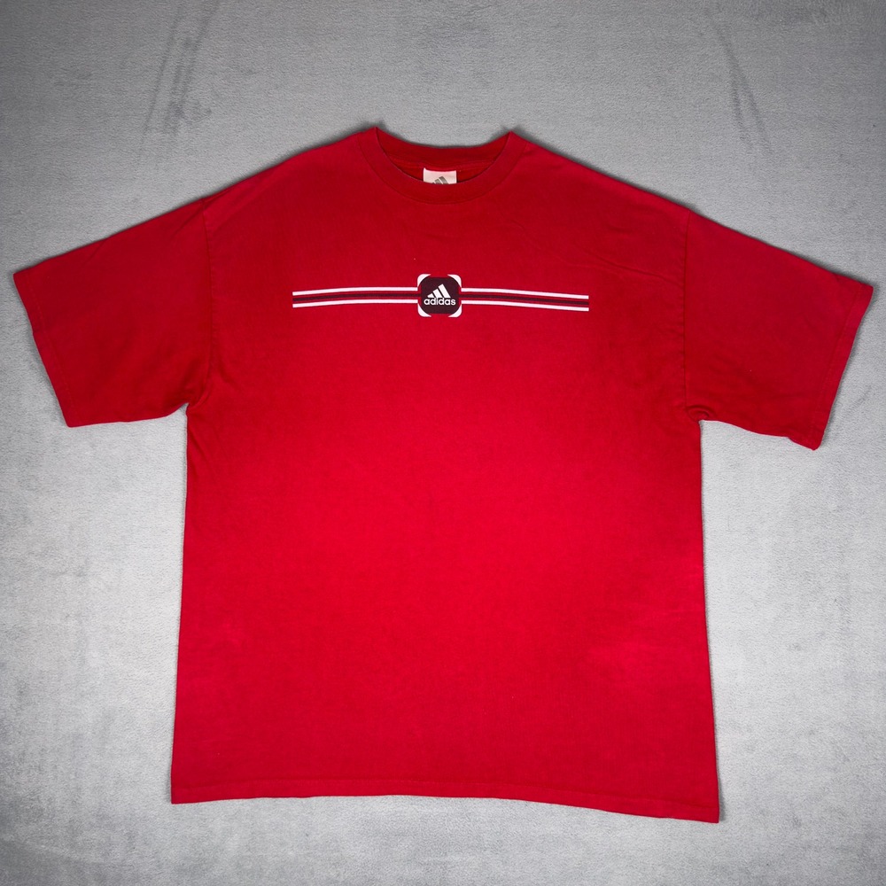 Y2K Adidas Center Logo Red T-Shirt Mens XL Short Sleeve Three Stripe Tee Cotton - Picture 1 of 7